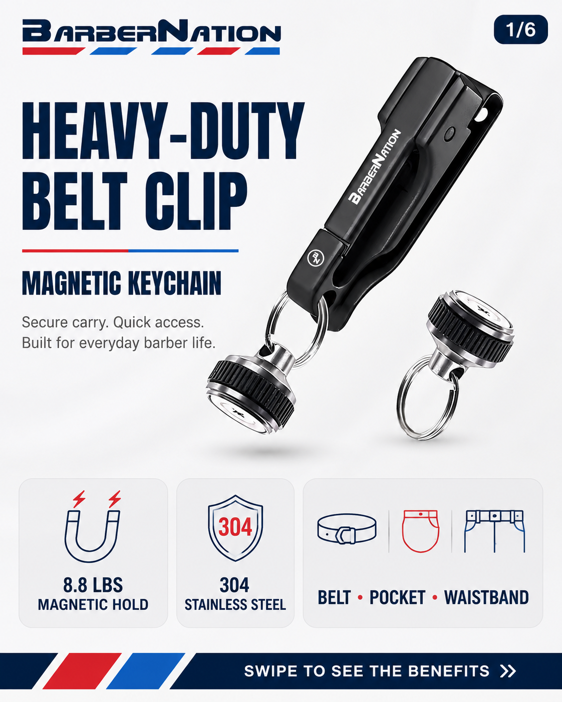 Heavy-Duty Belt Clip with Detachable Magnetic Keychain (Supports 8.8 lbs)