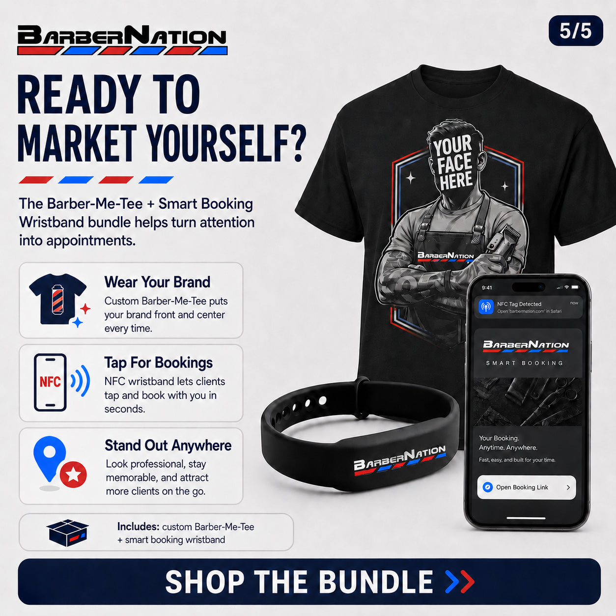 Barber-Me-Tee Custom Barber Marketing T-Shirt with Smart Booking Wristband