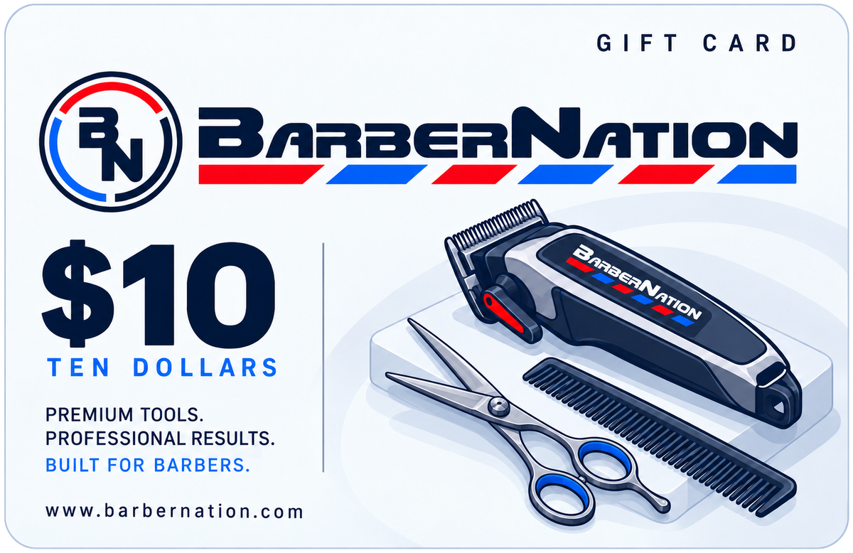 BarberNation $10 gift card with illustrated barber tools