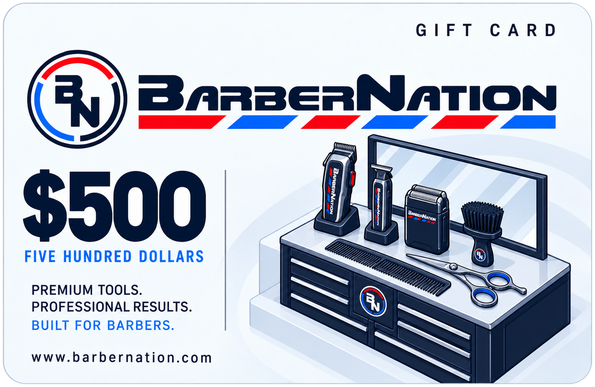 BarberNation $500 gift card with illustrated barber equipment