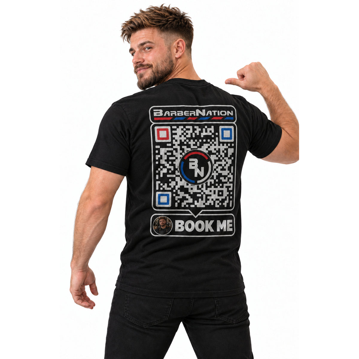 Back mockup of black Custom ProPage Smart QR Code T-shirt