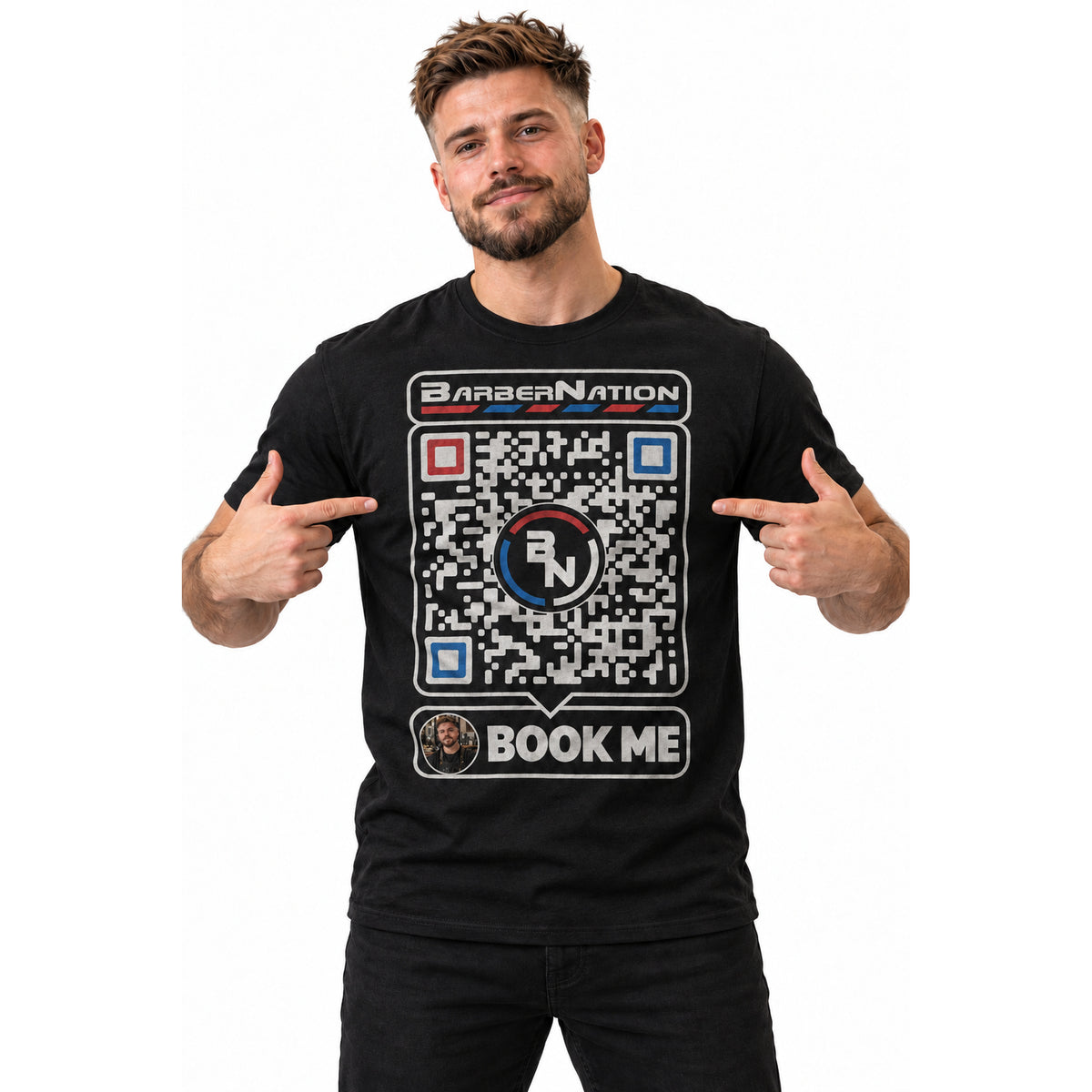 Front mockup of black Custom ProPage Smart QR Code T-shirt for barber marketing