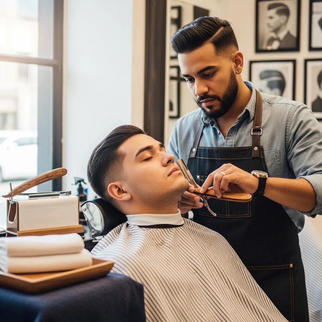 Barber performing a straight-razor shave in a stylish barbershop, showcasing grooming techniques