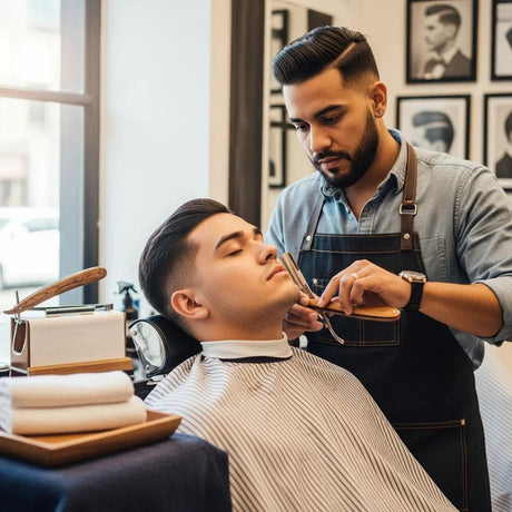 Barber performing a straight-razor shave in a stylish barbershop, showcasing grooming techniques