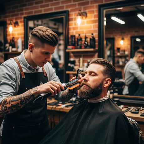 Barber using a heated beard brush on a client in a modern barbershop