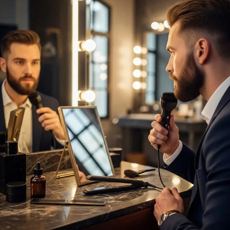 Heated beard brush and straightener on a grooming table with a man styling his beard