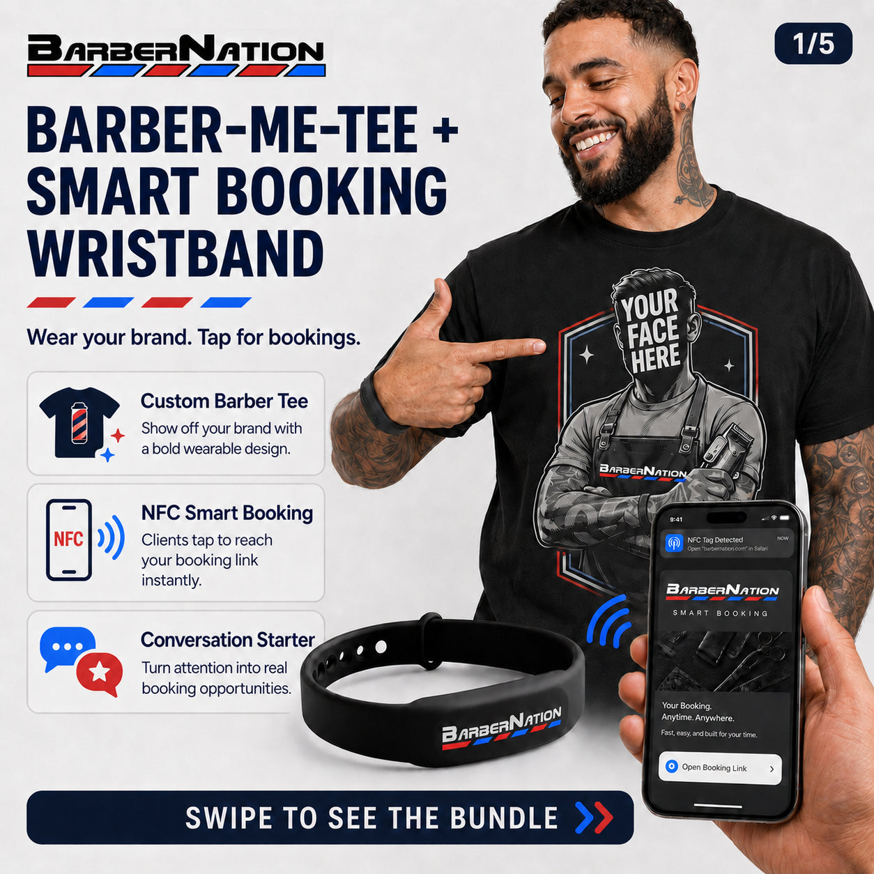 Barber-Me-Tee Custom Barber Marketing T-Shirt with Smart Booking Wristband