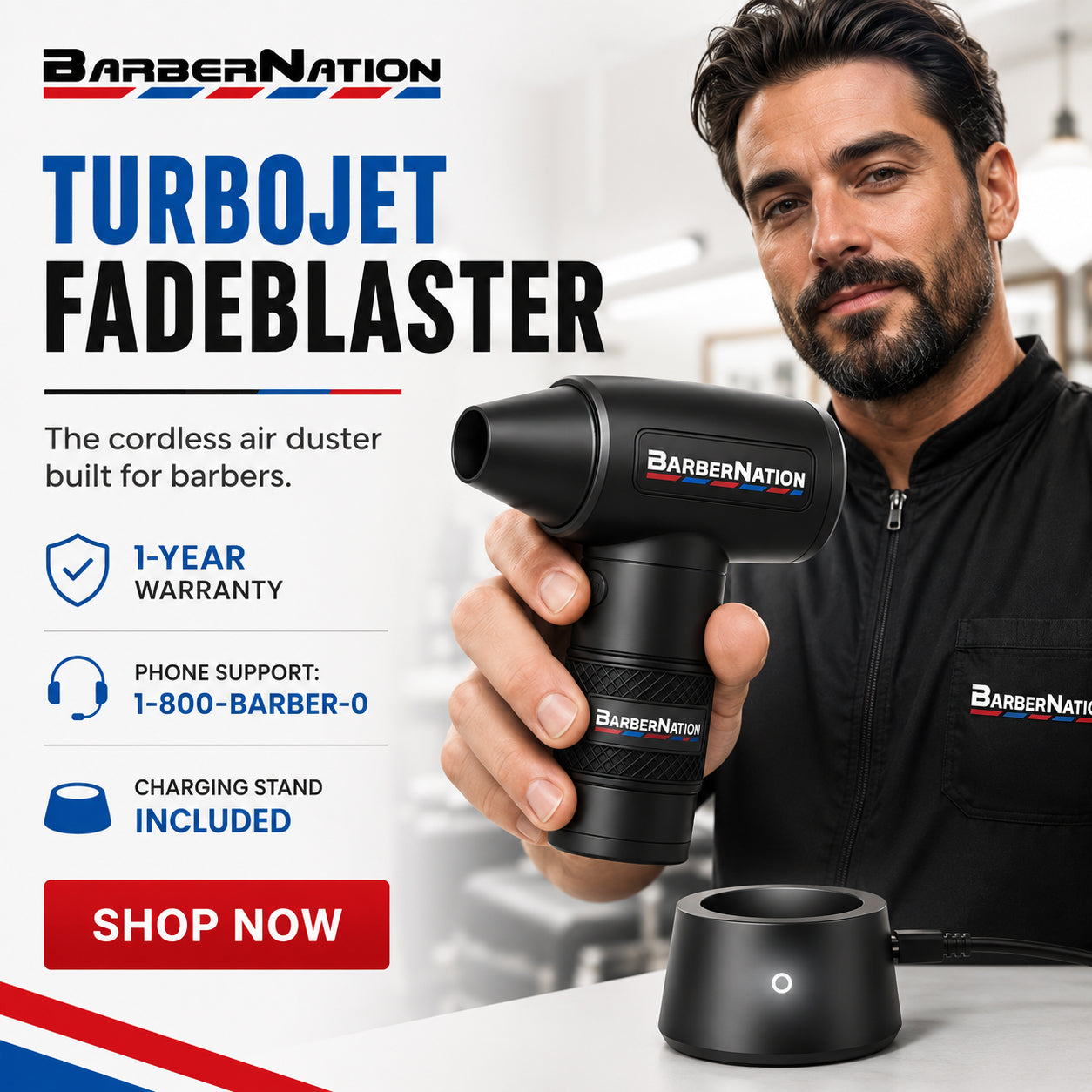 BarberNation TurboJet 3.0 FadeBlaster Cordless Air Duster with Charging Stand and Vacuum