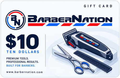 BarberNation $10 gift card with illustrated barber tools