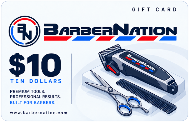 BarberNation $10 gift card with illustrated barber tools