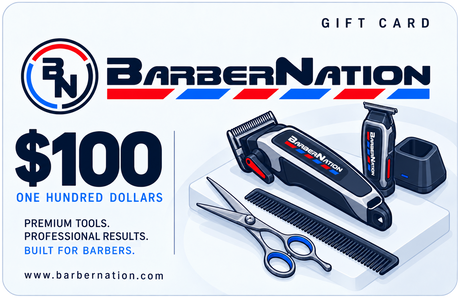 BarberNation $100 gift card with illustrated barber equipment