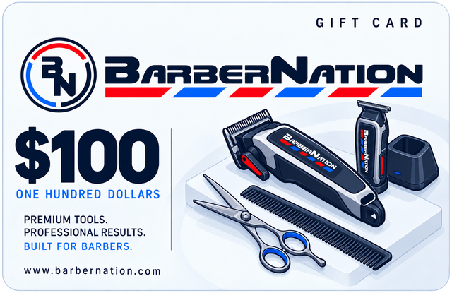 BarberNation $100 gift card with illustrated barber equipment