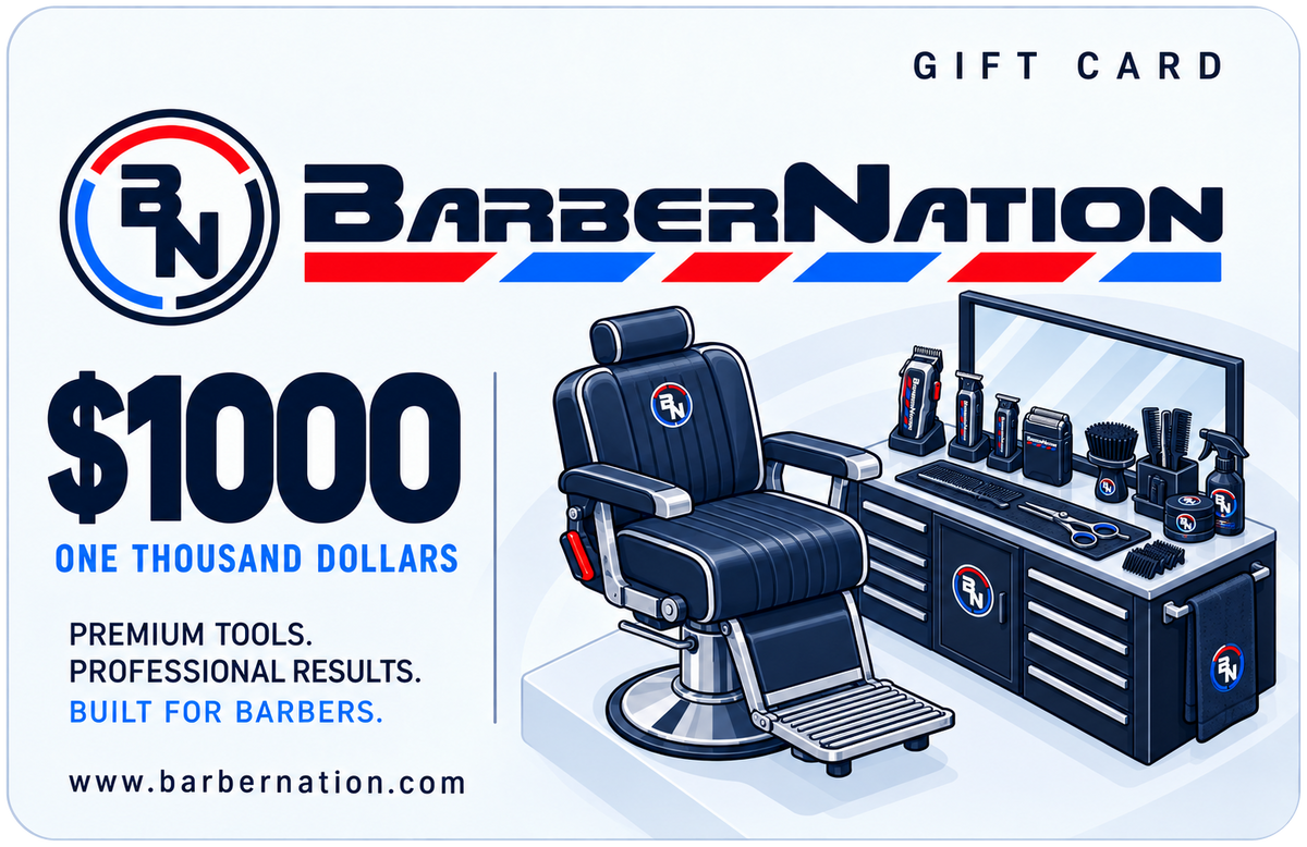 BarberNation $1000 gift card with illustrated barber equipment