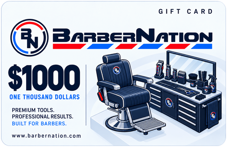 BarberNation $1000 gift card with illustrated barber equipment