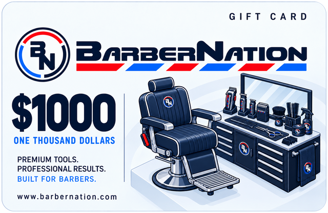 BarberNation $1000 gift card with illustrated barber equipment