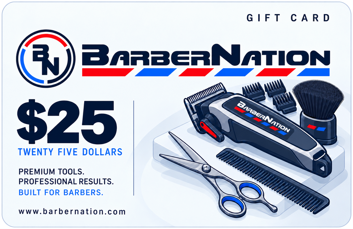 BarberNation $25 gift card with illustrated barber equipment