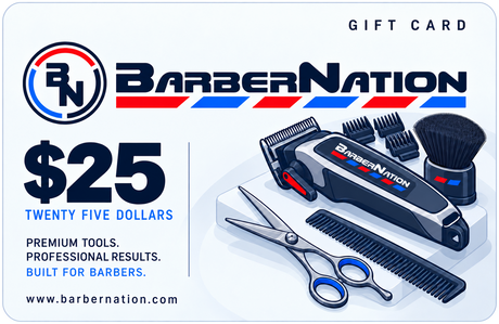 BarberNation $25 gift card with illustrated barber equipment