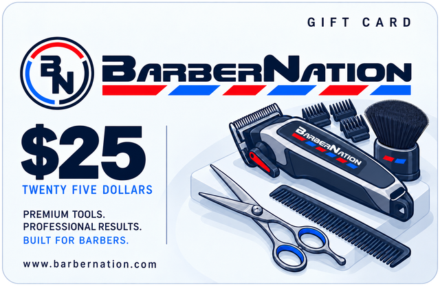 BarberNation $25 gift card with illustrated barber equipment