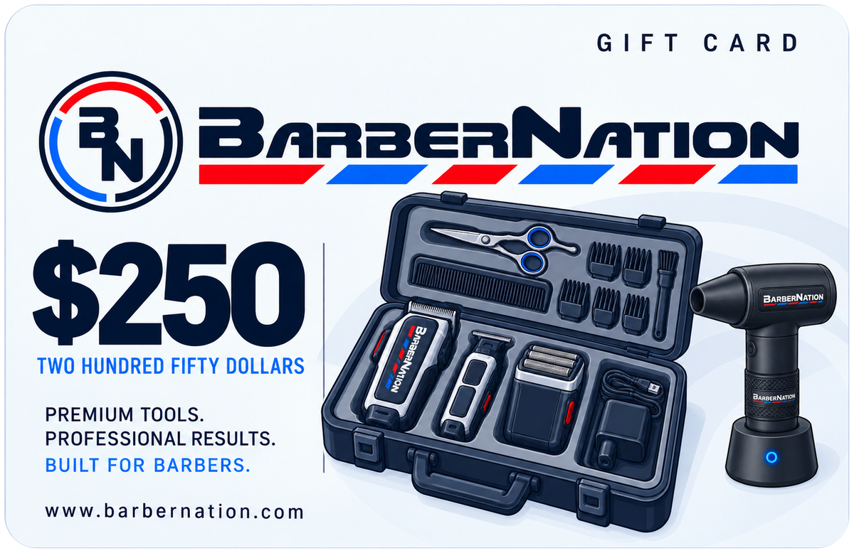 BarberNation $250 gift card with illustrated barber equipment