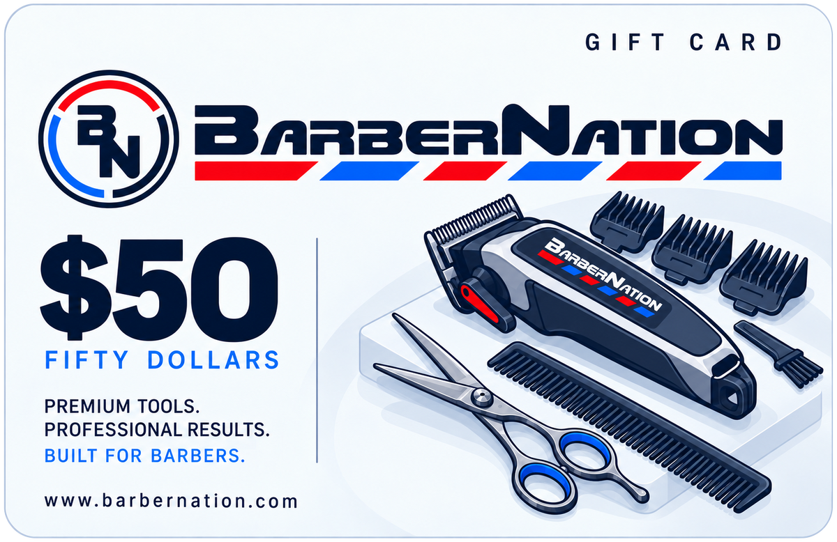 BarberNation $50 gift card with illustrated barber equipment
