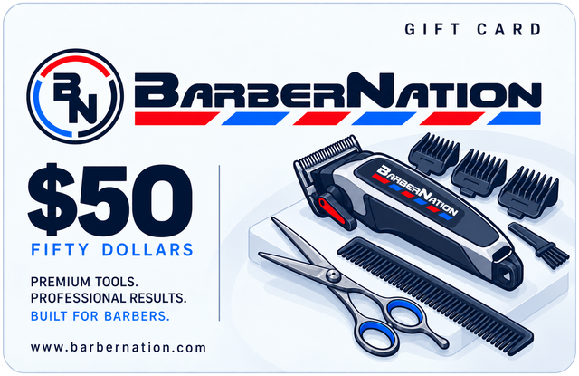 BarberNation $50 gift card with illustrated barber equipment