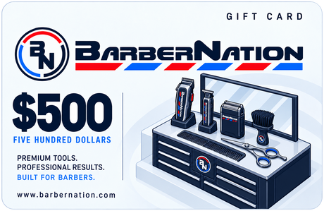 BarberNation $500 gift card with illustrated barber equipment