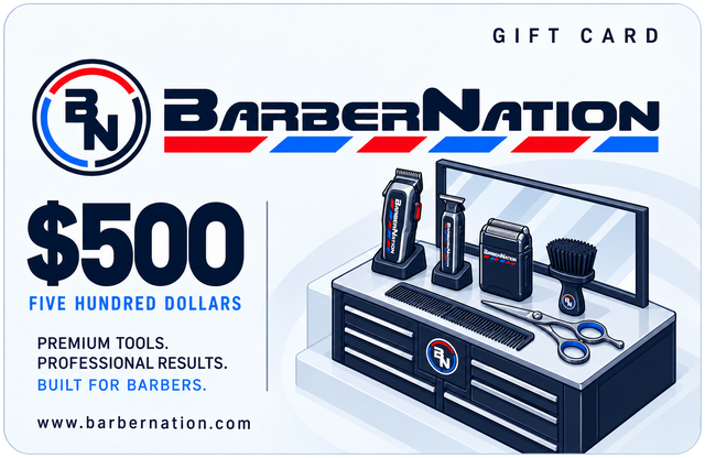 BarberNation $500 gift card with illustrated barber equipment