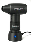 Black handheld air duster with 'BarberNation' branding on a white background