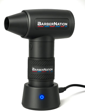 Black handheld air duster with 'BarberNation' branding on a white background
