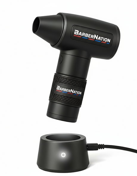 Black fadeblaster air duster device with 'BarberNation' branding on a white background