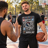 Lifestyle mockup of a barber wearing the ProPage QR T-shirt at a basketball court