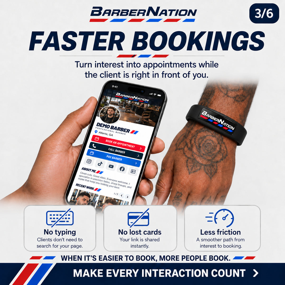 BarberNation Premium Smart Wristband with white logo and red and blue badge — faster booking