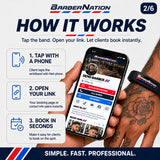 BarberNation Premium Smart Wristband with white logo and red and blue badge — how it works