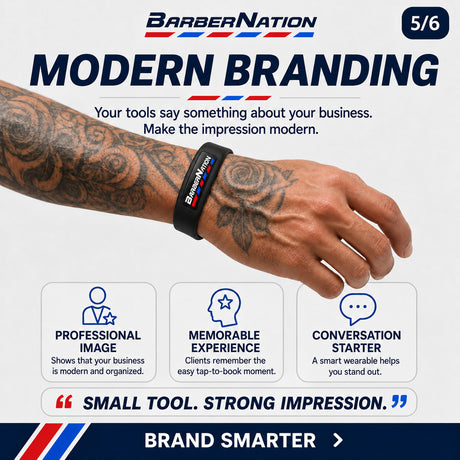 BarberNation Premium Smart Wristband with white logo and red and blue badge — modern branding