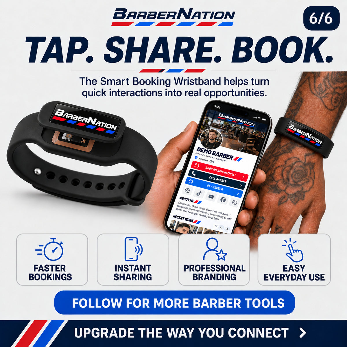 Premium Smart Wristband with glossy BarberNation badge, NFC chip and ProPage phone demonstration